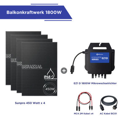 Balkonkraftwerk 1800 Watt l APsystems EZ1D Wechselrichter l 4 x Sunpro Bifaziales Glas Solarmodul 450W